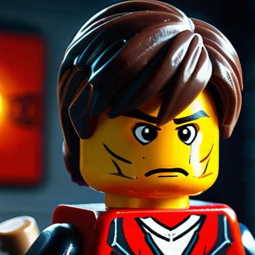 Home 11 **
Prompt: Close-up, emotional scene from LEGO Ninjago TV series. Kai, visibly conflicted, stands in a dimly lit training room. Soft, diffused lighting. Focus on facial expression. Background blurred. Style: Painterly, reminiscent of a dramatic movie poster. Keywords: LEGO Ninjago, Kai, emotion, conflict, TV series, dramatic lighting, painterly.
**