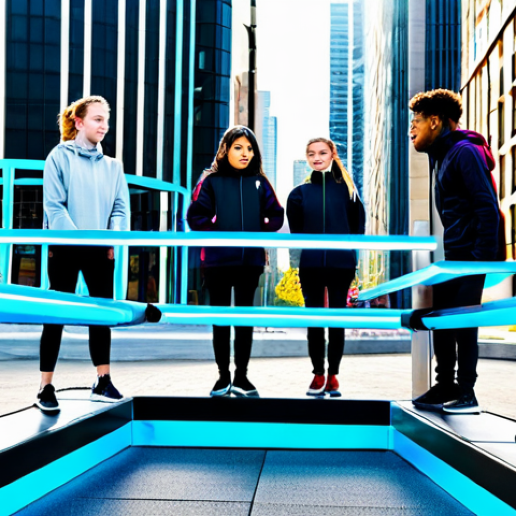 A diverse group of six young adults, fully clothed, appropriate attire, professional dress, collaboratively navigating a challenging futuristic cityscape obstacle course. One individual helps another over a low barrier, while others strategically plan their next move. Their expressions show determination and camaraderie. The environment is a brightly lit, clean, and architecturally interesting futuristic urban training ground with geometric structures and mild holographic elements, reflecting a sense of modern progress. Professional photography, high-resolution, sharp focus, vibrant colors, dynamic composition, perfect anatomy, correct proportions, natural pose, well-formed hands, proper finger count, natural body proportions, safe for work, appropriate content, fully clothed, modest, family-friendly.