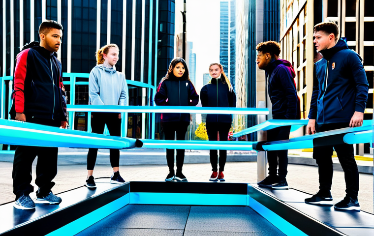 A diverse group of six young adults, fully clothed, appropriate attire, professional dress, collaboratively navigating a challenging futuristic cityscape obstacle course. One individual helps another over a low barrier, while others strategically plan their next move. Their expressions show determination and camaraderie. The environment is a brightly lit, clean, and architecturally interesting futuristic urban training ground with geometric structures and mild holographic elements, reflecting a sense of modern progress. Professional photography, high-resolution, sharp focus, vibrant colors, dynamic composition, perfect anatomy, correct proportions, natural pose, well-formed hands, proper finger count, natural body proportions, safe for work, appropriate content, fully clothed, modest, family-friendly.