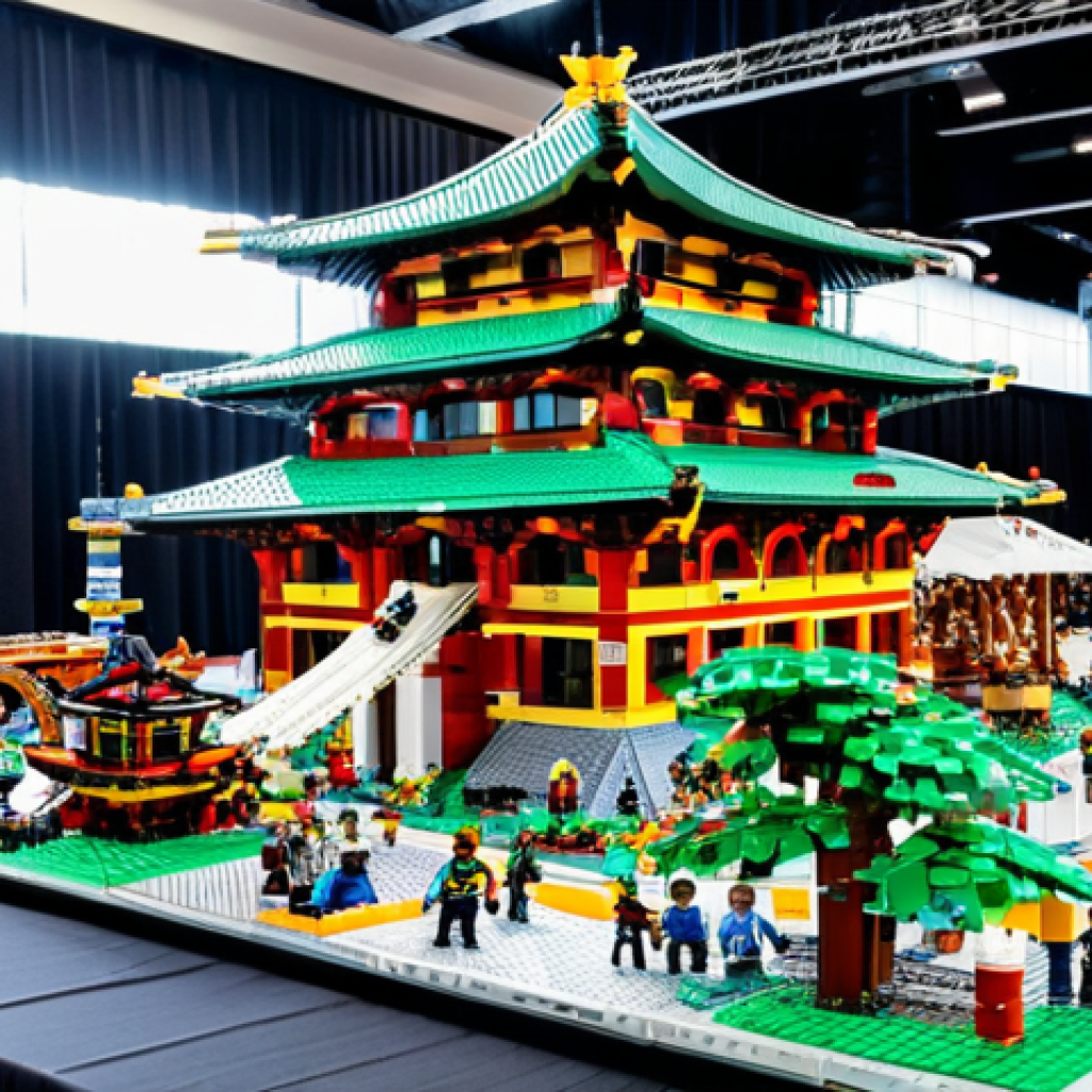 Collaborative LEGO Building Challenge**

"A team of adults and teenagers working together on a large Ninjago-themed LEGO structure at a convention. The structure is partially completed, showcasing intricate details. The background shows other teams working on their own LEGO builds in a brightly lit convention hall. Everyone is fully clothed in casual, appropriate attire. Safe for work, professional event photography, perfect anatomy, correct proportions, well-formed hands, proper finger count, family-friendly, demonstrating teamwork and creativity."

**