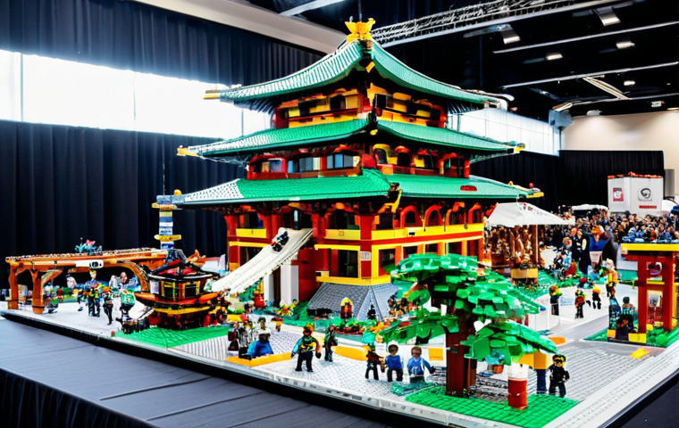 Collaborative LEGO Building Challenge**
"A team of adults and teenagers working together on a large Ninjago-themed LEGO structure at a convention. The structure is partially completed, showcasing intricate details. The background shows other teams working on their own LEGO builds in a brightly lit convention hall. Everyone is fully clothed in casual, appropriate attire. Safe for work, professional event photography, perfect anatomy, correct proportions, well-formed hands, proper finger count, family-friendly, demonstrating teamwork and creativity."
**