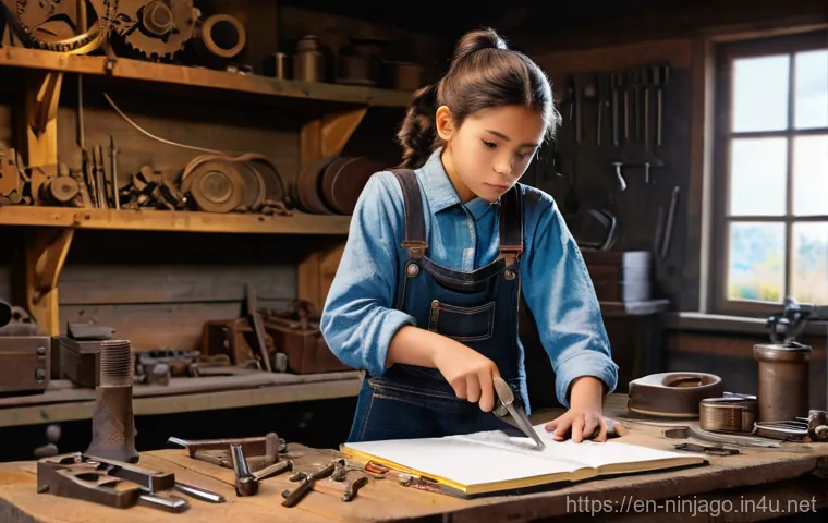 닌자고 니야의 기술적 재능 - **Prompt 1: The Young Tinker's Forge**
A highly detailed, medium shot of a young Nya, approximat...
