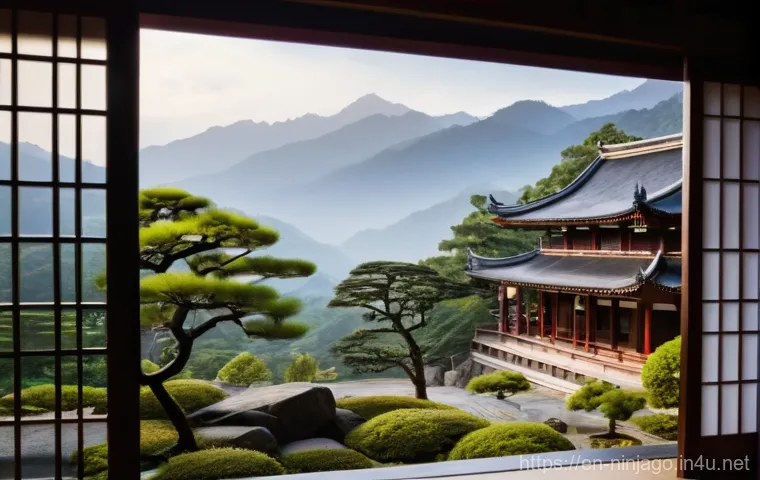 닌자고 배경에 사용된 건축 양식 - **A Serene Monastery Amidst Misty Mountains**
"An exquisitely detailed East Asian monastery, rem...