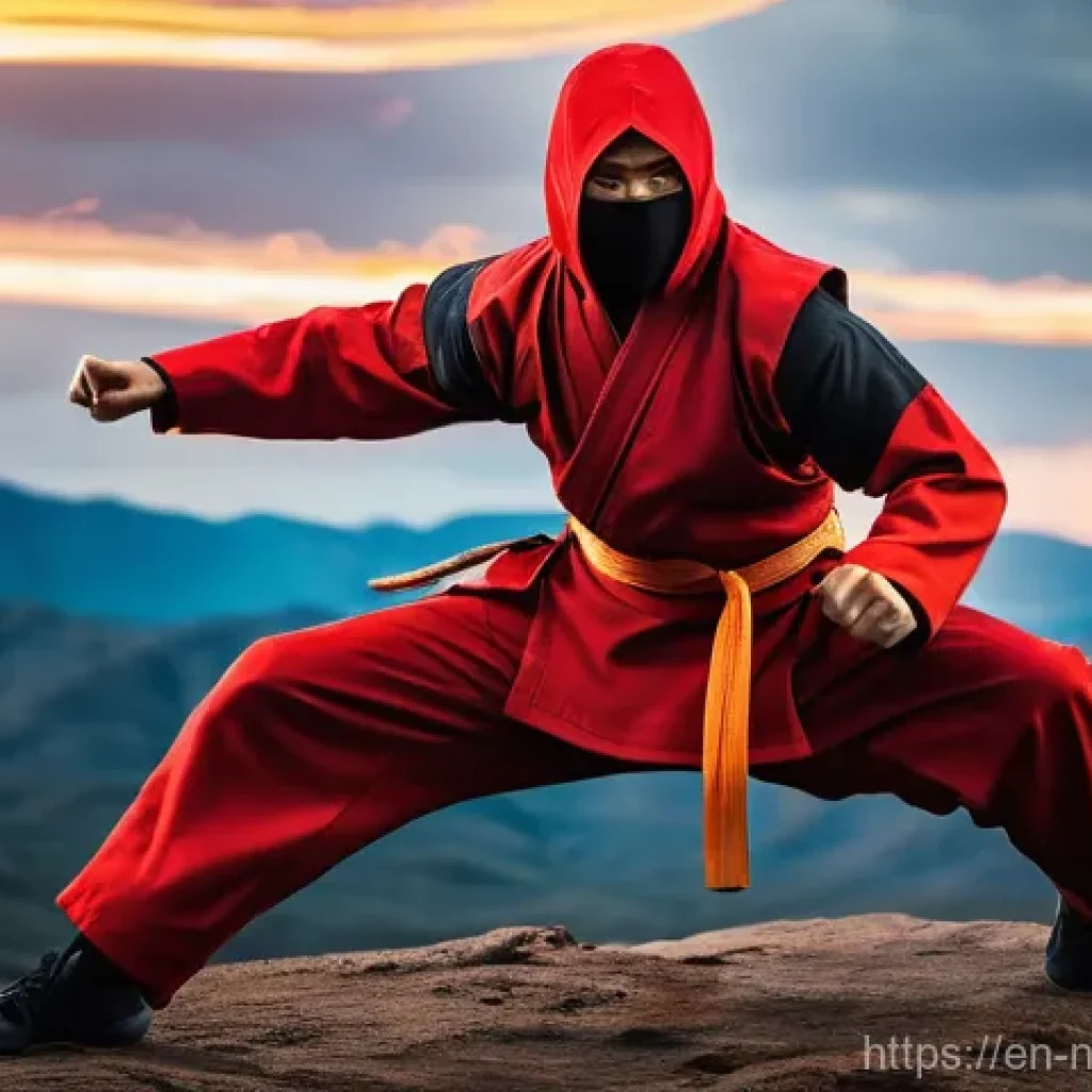 닌자고 닌자의 상징 색깔 - **A dynamic full-body shot of Kai, the Fire Ninja, in action.** He is wearing his iconic, intricatel...