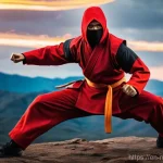 닌자고 닌자의 상징 색깔 - **A dynamic full-body shot of Kai, the Fire Ninja, in action.** He is wearing his iconic, intricatel...