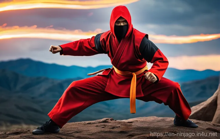 닌자고 닌자의 상징 색깔 - **A dynamic full-body shot of Kai, the Fire Ninja, in action.** He is wearing his iconic, intricatel...