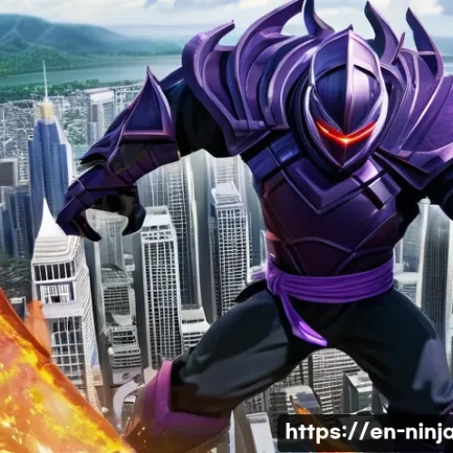 Home 11 닌자고 닌자팀과 악당 연합 스토리 - **"The Great Devourer's Rampage"**
A panoramic, high-angle shot capturing the colossal Great Dev...