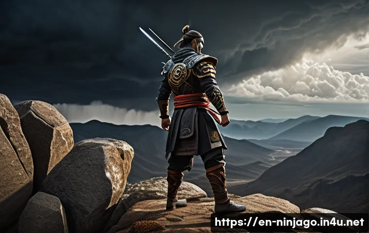 닌자고 캐릭터들의 개별 목표 - A powerful scene depicting Cole, the Earth Ninja, standing firmly on rugged terrain with swirling ro...