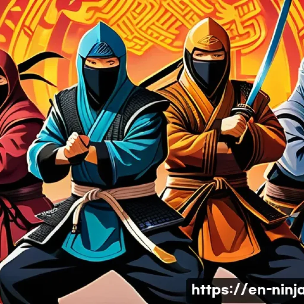 닌자고 원작 아이디어 출처 - A dynamic scene depicting a team of young ninjas clad in colorful, detailed ninja outfits inspired b...