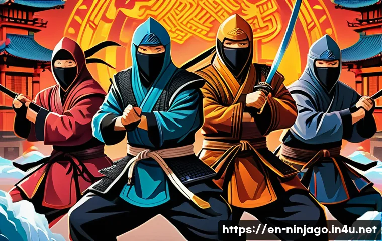 닌자고 원작 아이디어 출처 - A dynamic scene depicting a team of young ninjas clad in colorful, detailed ninja outfits inspired b...