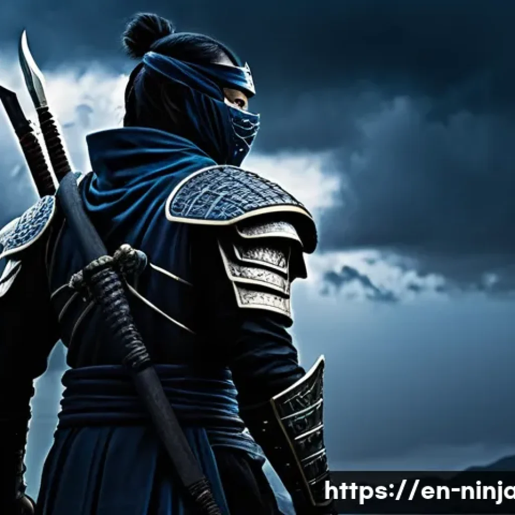닌자고 악당들의 비극적 배경 - A dramatic scene of a conflicted warrior standing at a dark crossroads beneath a stormy sky, wearing...