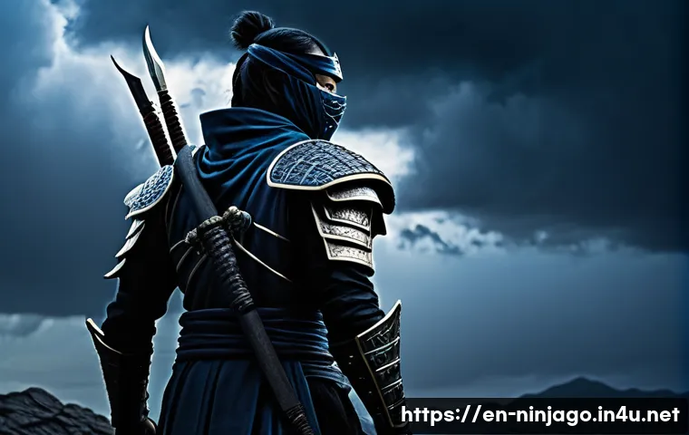 닌자고 악당들의 비극적 배경 - A dramatic scene of a conflicted warrior standing at a dark crossroads beneath a stormy sky, wearing...