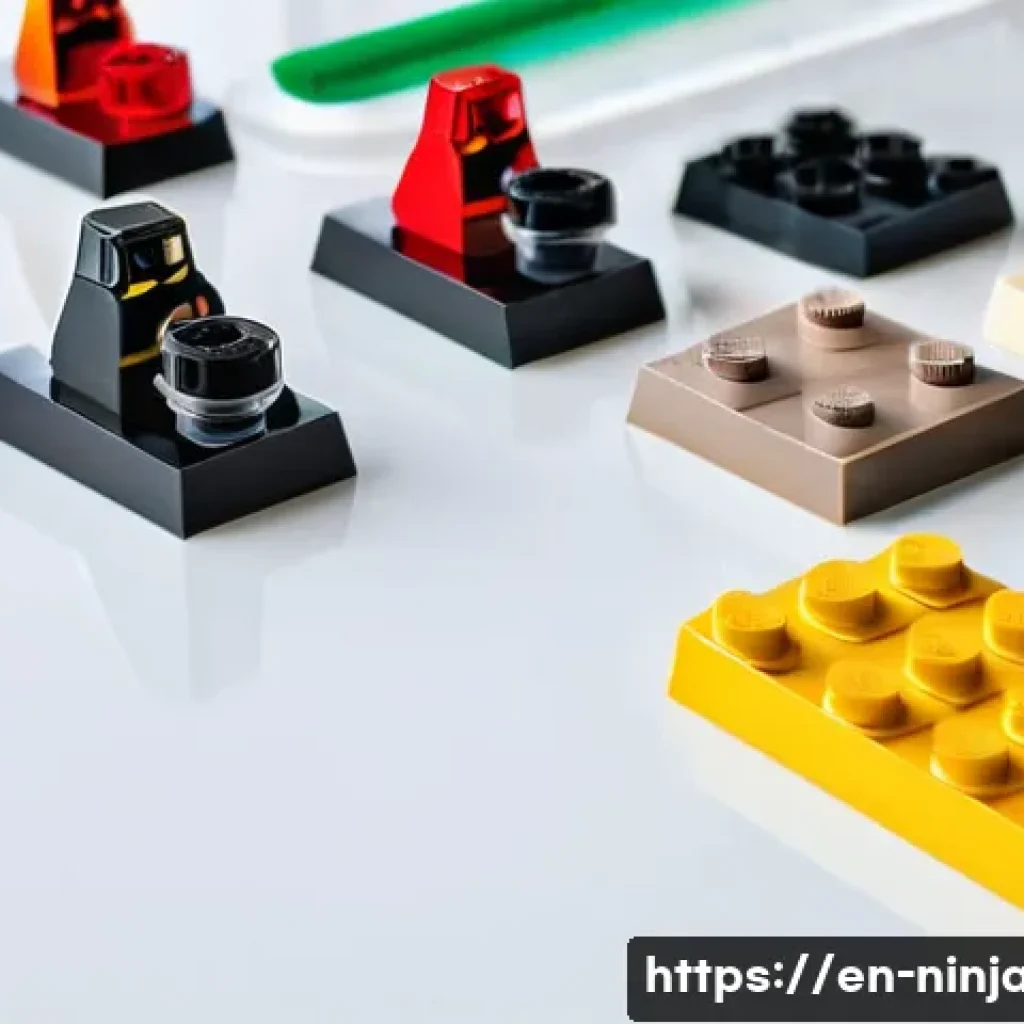 닌자고 레고 복원 방법 - A close-up scene of a LEGO Ninjago restoration workspace featuring an organized array of sorted LEGO...