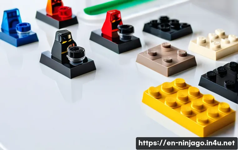 닌자고 레고 복원 방법 - A close-up scene of a LEGO Ninjago restoration workspace featuring an organized array of sorted LEGO...