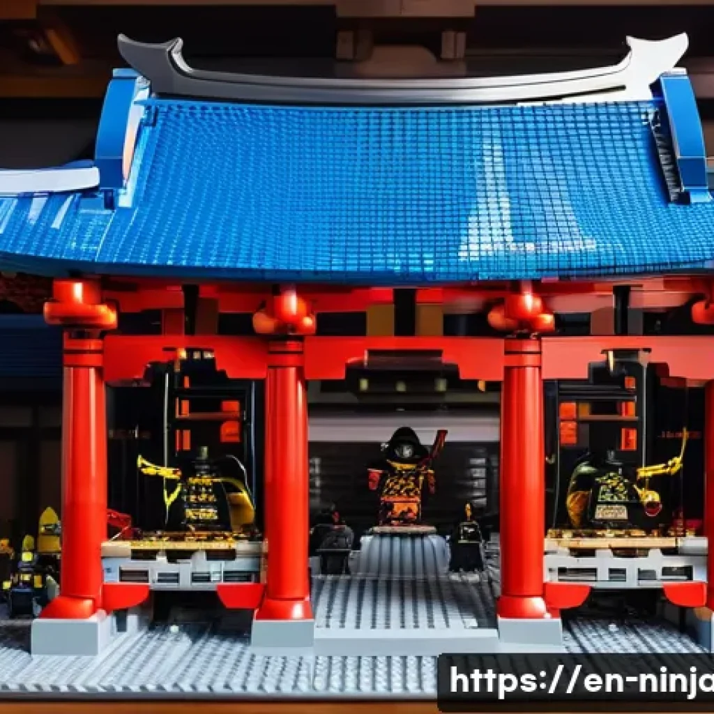 닌자고 레고로 만든 세계 기록 - A colossal Lego Ninjago temple model displayed indoors, measuring approximately 15 feet long, 10 fee...