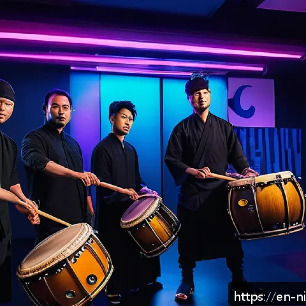 닌자고 애니메이션 오프닝 음악 - A dynamic, high-energy scene of a ninja-themed music studio blending traditional Asian instruments l...