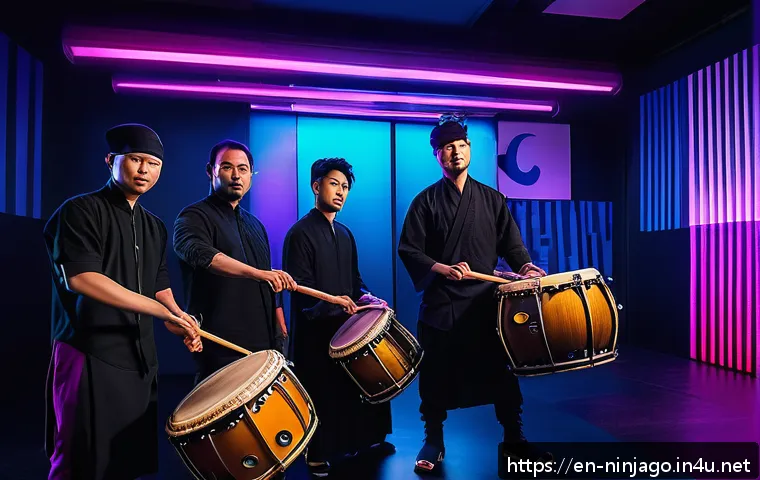 닌자고 애니메이션 오프닝 음악 - A dynamic, high-energy scene of a ninja-themed music studio blending traditional Asian instruments l...