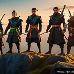 Home 22 닌자고 스핀오프 작품 리스트 - A dynamic scene featuring a diverse group of young ninjas in modern CGI style, standing on a mystica...