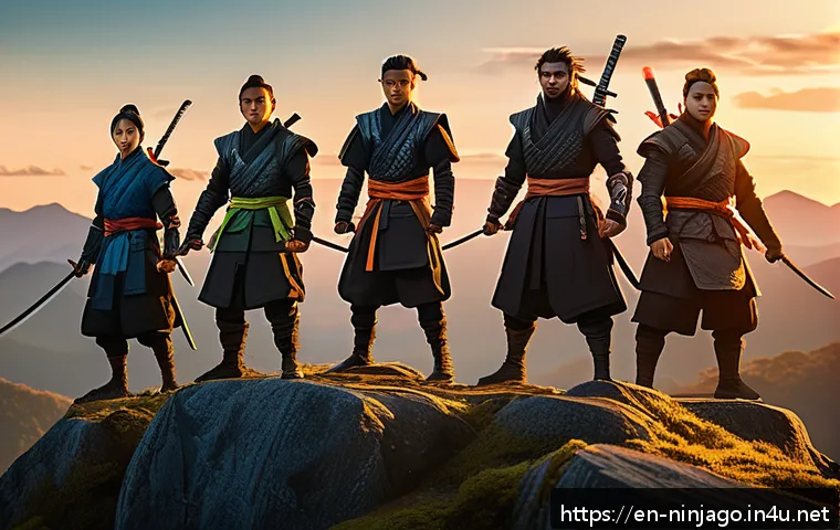닌자고 스핀오프 작품 리스트 - A dynamic scene featuring a diverse group of young ninjas in modern CGI style, standing on a mystica...