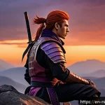 Home 19 닌자고 스토리텔링 매력 - A detailed scene of a young ninja leader standing thoughtfully atop a rocky cliff at sunset, his fie...