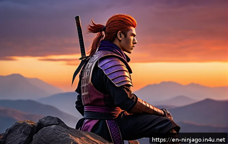 닌자고 스토리텔링 매력 - A detailed scene of a young ninja leader standing thoughtfully atop a rocky cliff at sunset, his fie...