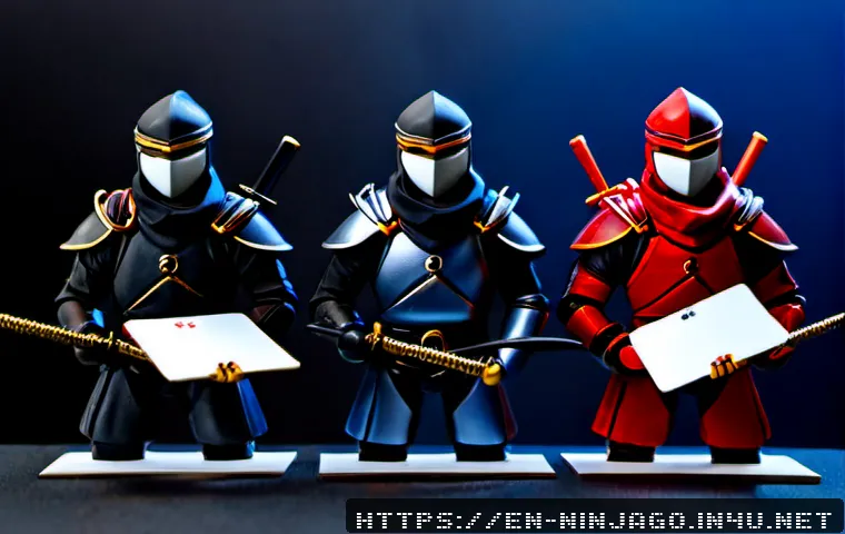 Home 17 닌자고 악당들의 패턴 분석 - Photorealistic tabletop scene of four stylized masked ninja villain figurines arranged in a clear pr...