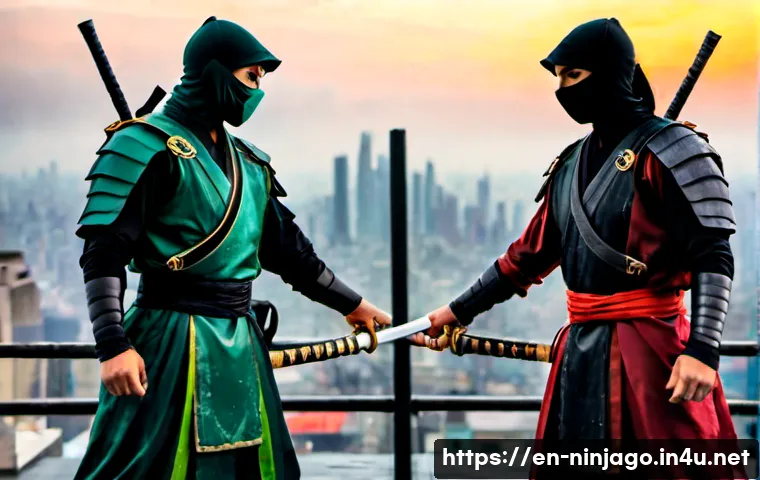 닌자고 캐릭터 라이벌 구도 - Photorealistic cinematic standoff between two original masked ninja rivals on a rain-slick rooftop a...