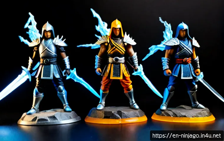 Home 17 닌자고 캐릭터별 파워 레벨 - Photorealistic tabletop scene of six distinct elemental ninja warrior collectible figures arranged i...